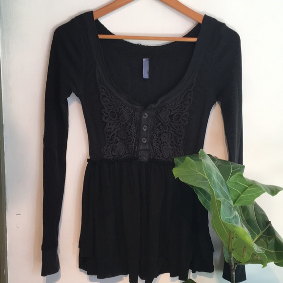 Free People Tops | Free People Black Long Sleeve Lace Shirt | Poshmark